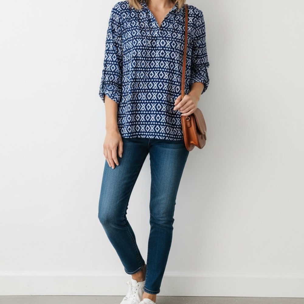 Chico's Navy and White Geometric Blouse